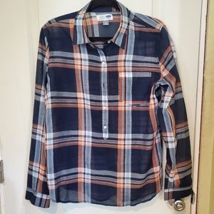 Old Navy Blue , White And Melon Plaid Shirt*